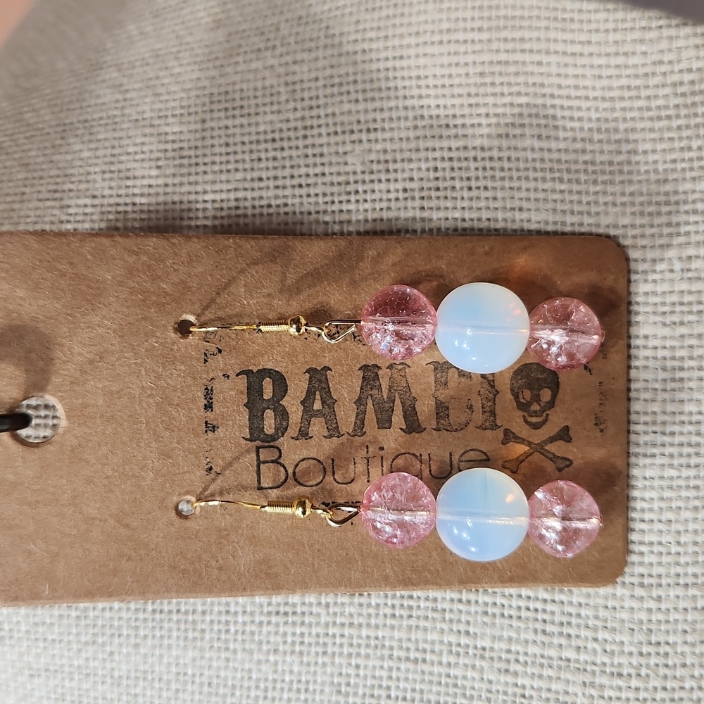 Handmade Pink Crystal & Milky White Bead Earrings